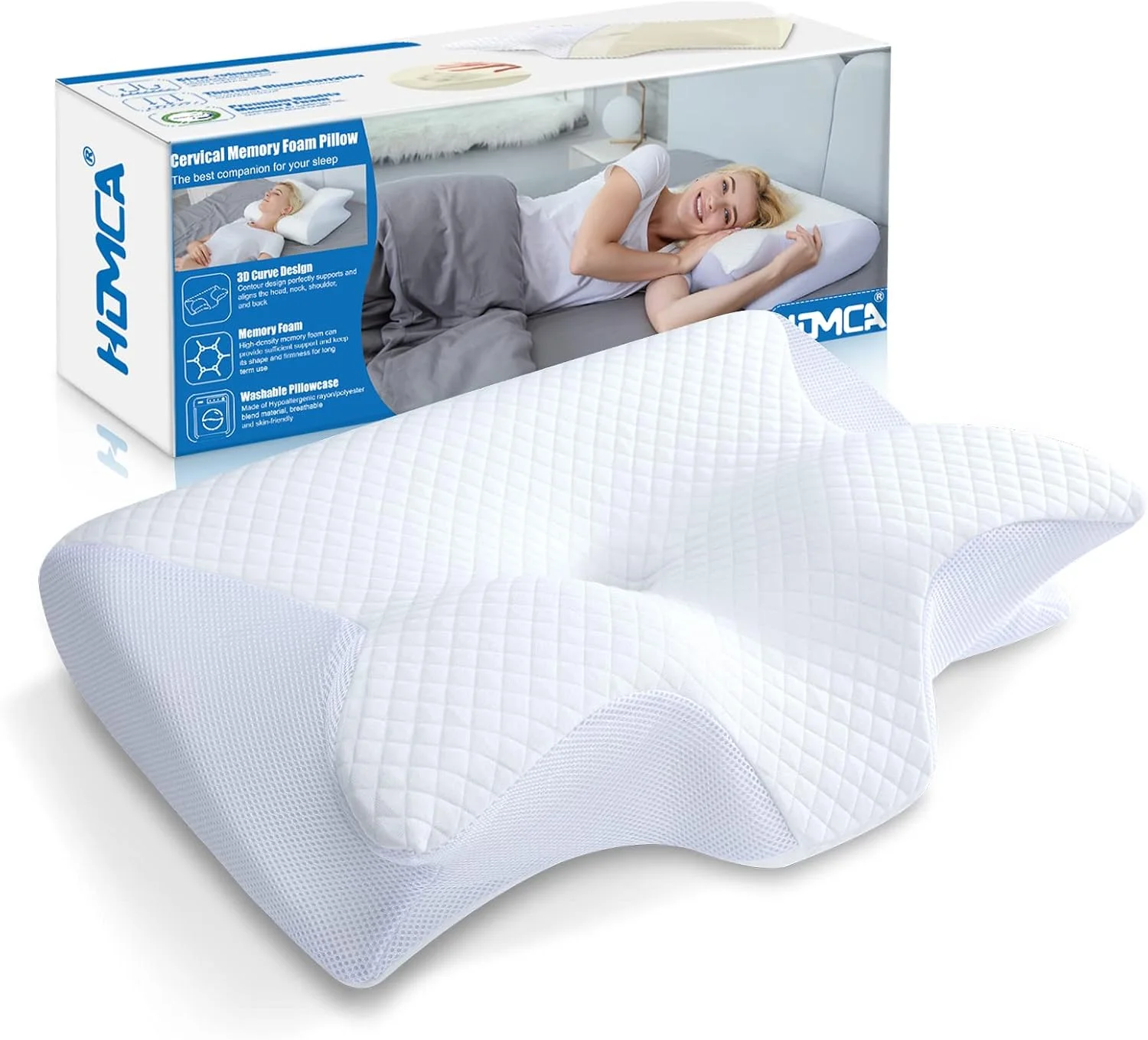 HOMCA Memory Foam Pillow, 2 in 1 Cervical Pillow for Neck Pain Relief, Ergonomic Neck Support Pillows for Side Back Stomach Sleepers with Breathable Pillowcase (Black) - Image 2
