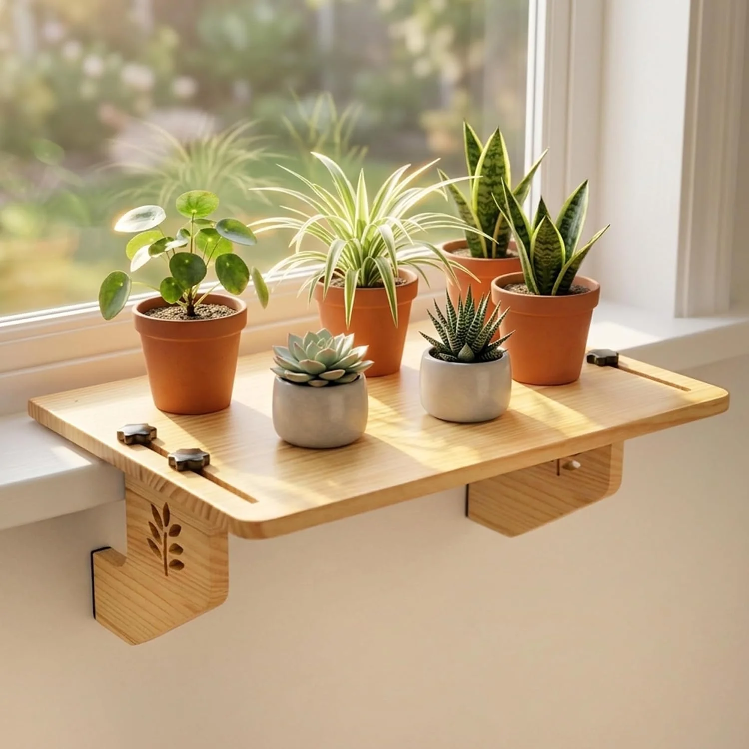 Window Shelf for Plants, 17''x13'' Solid Wood Window Sill Extender, Renter Friendly No Damage - Window Plant Shelf, Holds Up to 30 LBS, Natural Pine Color - Image 3