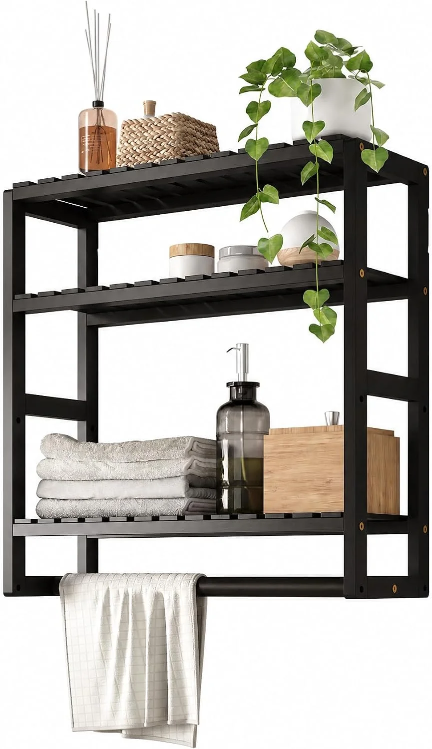 Over The Toilet Storage Bathroom Shelves Wall Mounted 3 Tier Black - Image 6