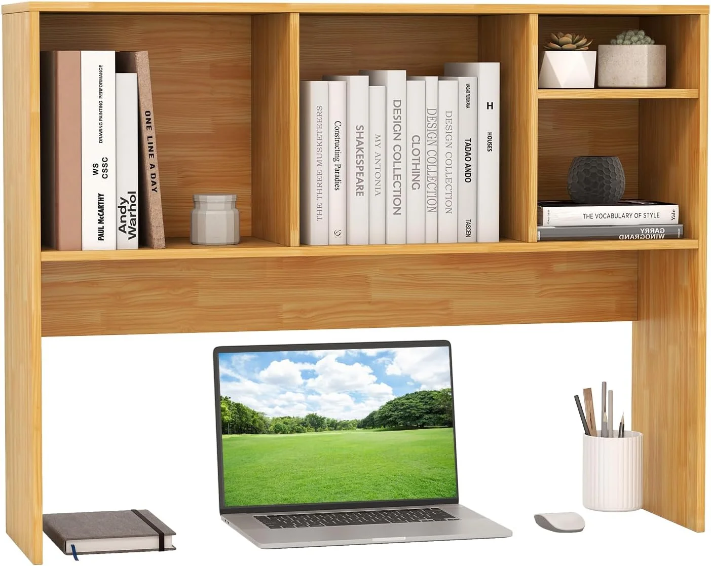 Desktop Bookshelf, 37 Desk Hutch Dorm for Computer Up to 32 Inch, Countertop Hutch w/6 Storage Shelves, 3-Tier Desktop Organizer Display Rack, Wood Desk Shelf for Home Office (Natural) - Image 17