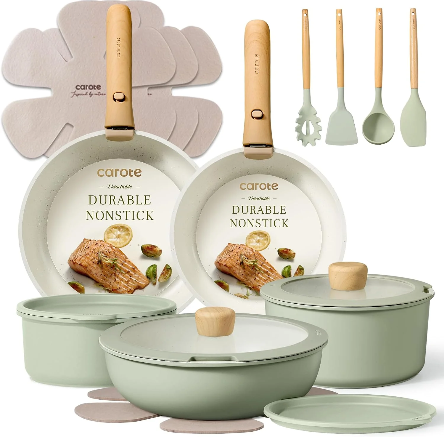 CAROTE 19pcs Pots and Pans Set Non Stick, Detachable Handle Cookware, Green - Image 2
