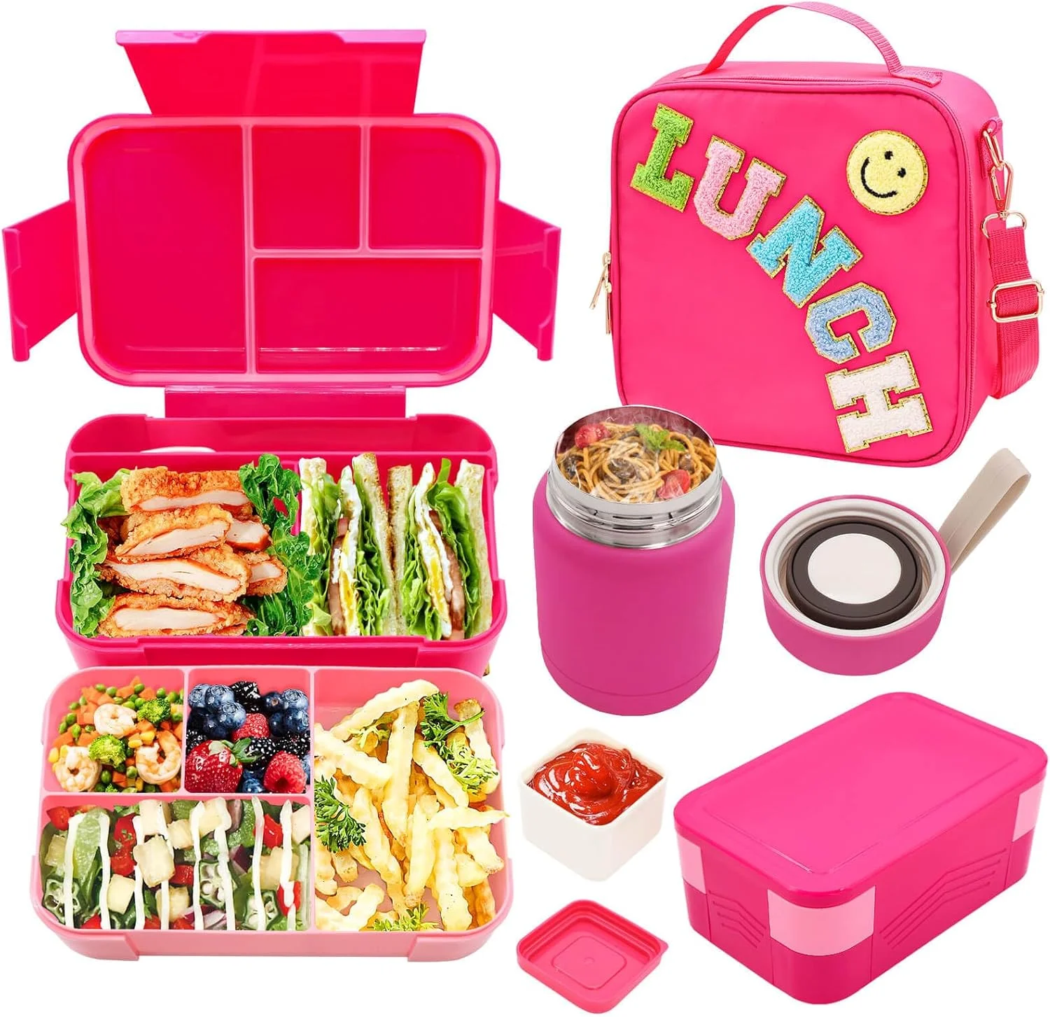 Lunch Box for Girls with 10oz Thermo, with 6 Compartment Bento Box, Purple Nylon Insulated Lunch Bag Adjustable Strap for Girl Kids Teens School