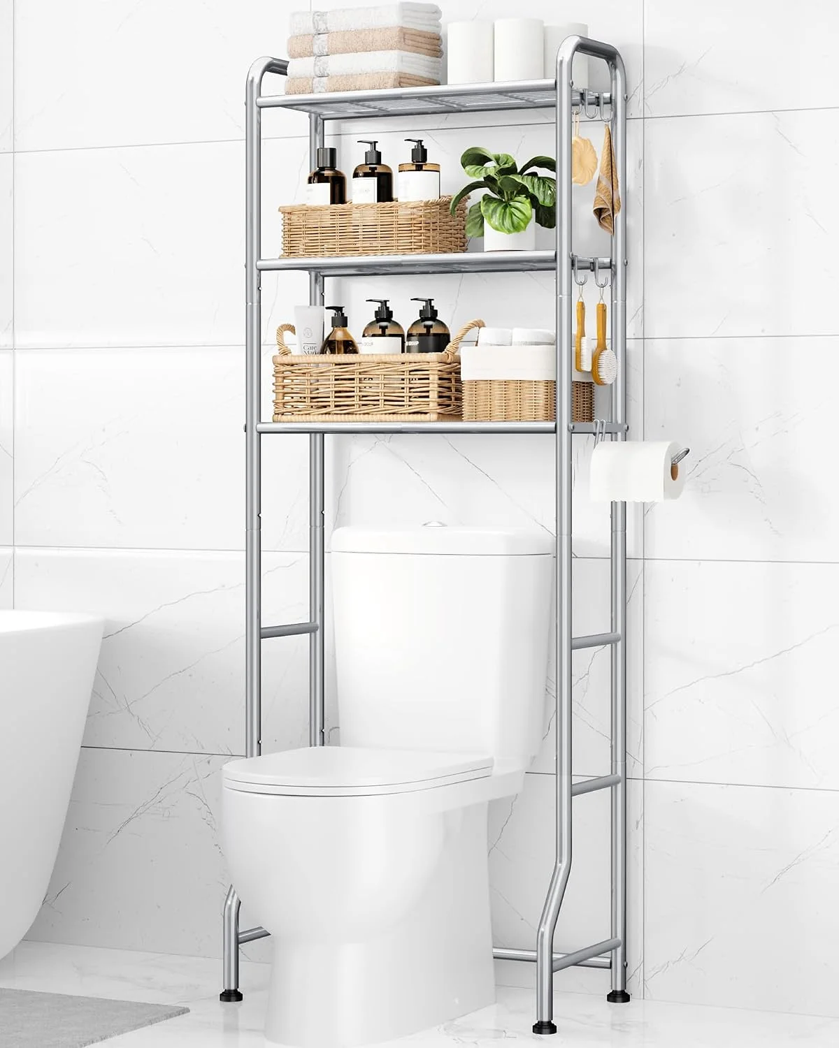 Over Toilet Storage Rack, 63.2 H Space-Saving, Holder & Hooks - Image 2
