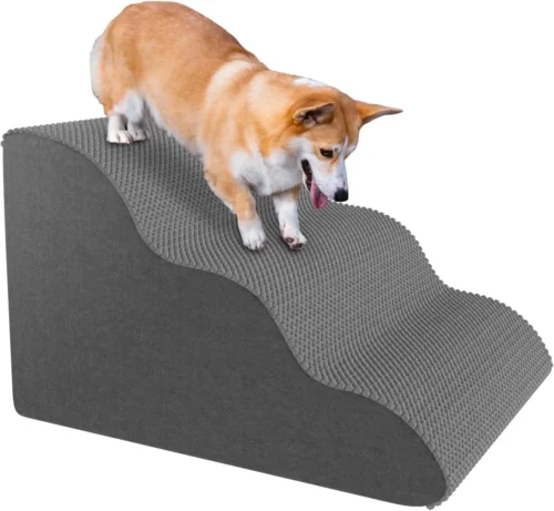 Pet Stairs for Small Dogs and Cats, Comfortable Curved Design with Waterproof Cover, High-Density Foam Steps for Beds or Sofas, Durable and Lightweight, 3-Layer, 21.7x15.7x13.8 Inches Grey