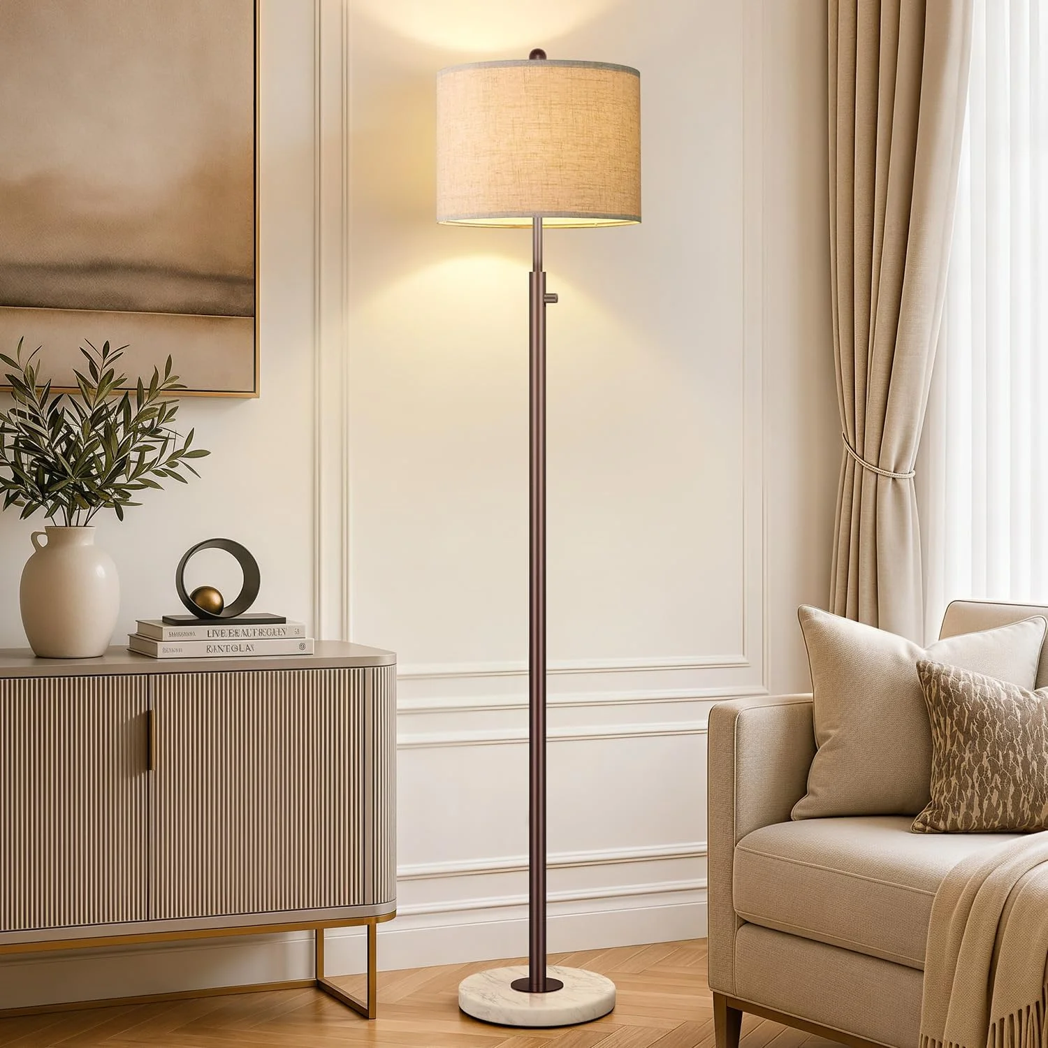 Dimmable Gold Floor Lamp, Turkish Marble Base, White Linen Shade - Image 4
