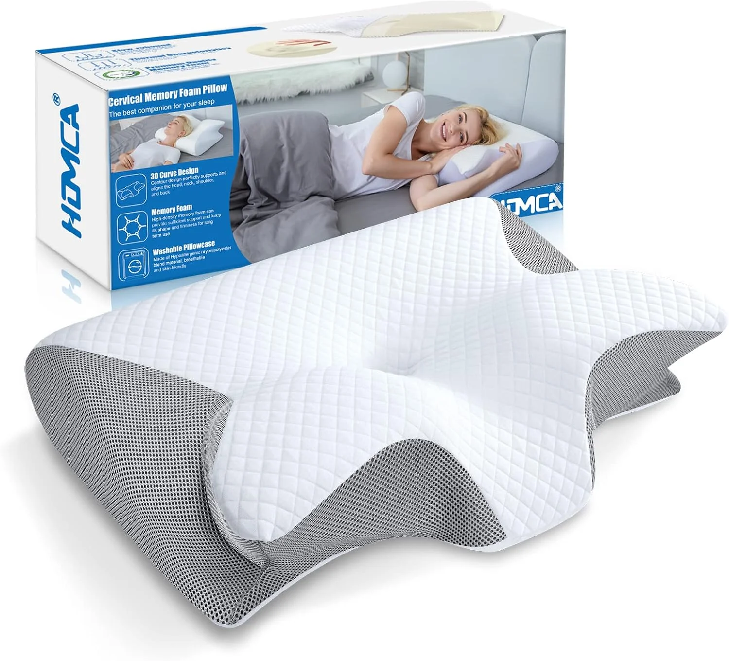 HOMCA Memory Foam Pillow, 2 in 1 Cervical Pillow for Neck Pain Relief, Ergonomic Neck Support Pillows for Side Back Stomach Sleepers with Breathable Pillowcase (Black)