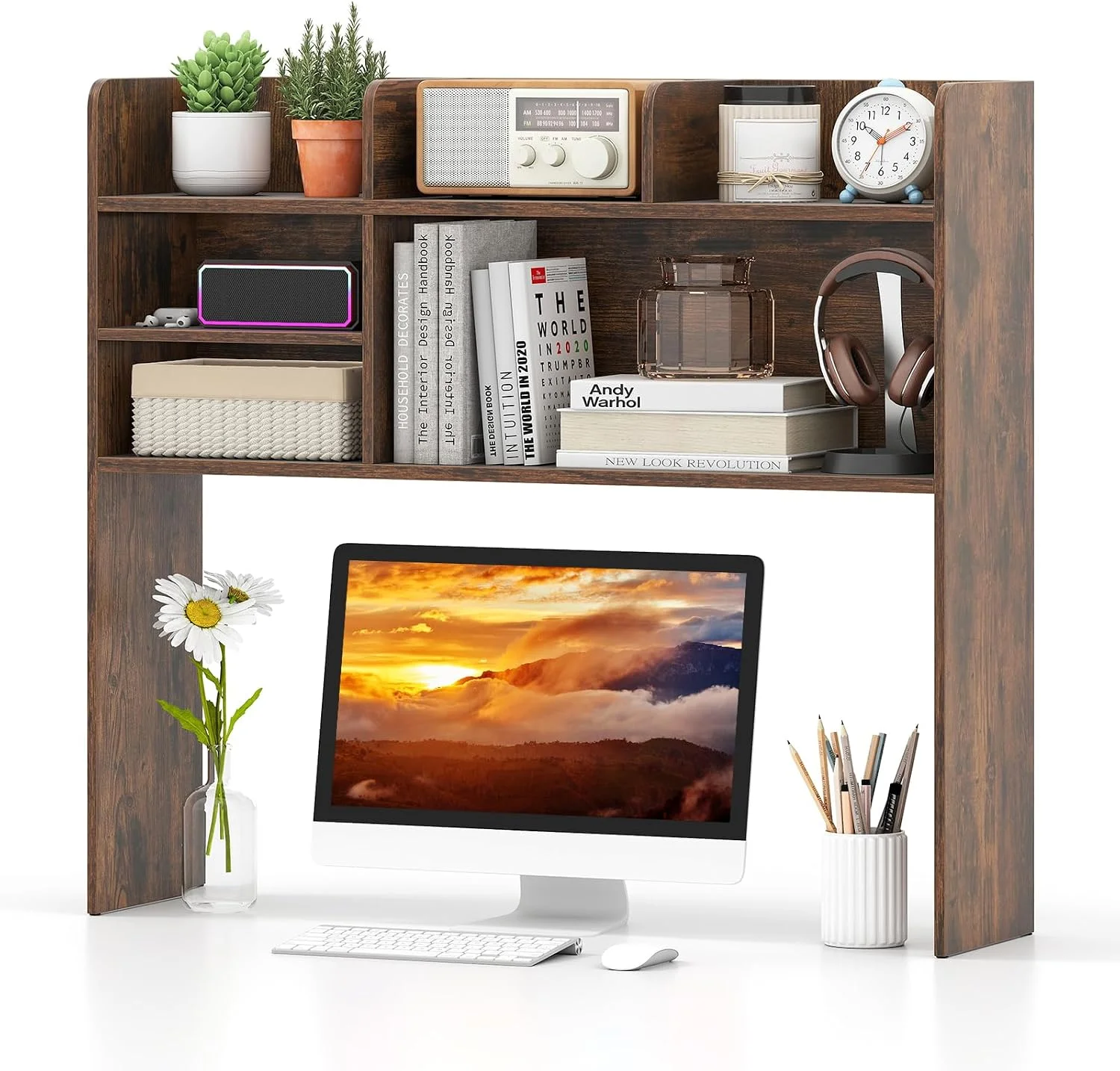 Desktop Bookshelf, Countertop Storage Hutch with 5 Shelves for Computer Desk, 3-Tier Display Rack, Multipurpose Wood Storage Organizer for Dorm Office Home - Image 12