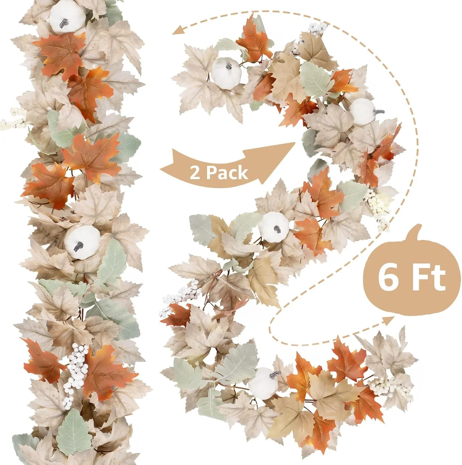 Fall Garland for Mantle Fireplace - 2 Pack 6Ft Outdoor Autumn Leaves Decor for Home Front Door with Pumpkins Indoor Maple for Farmhouse Table Stairs - Image 4