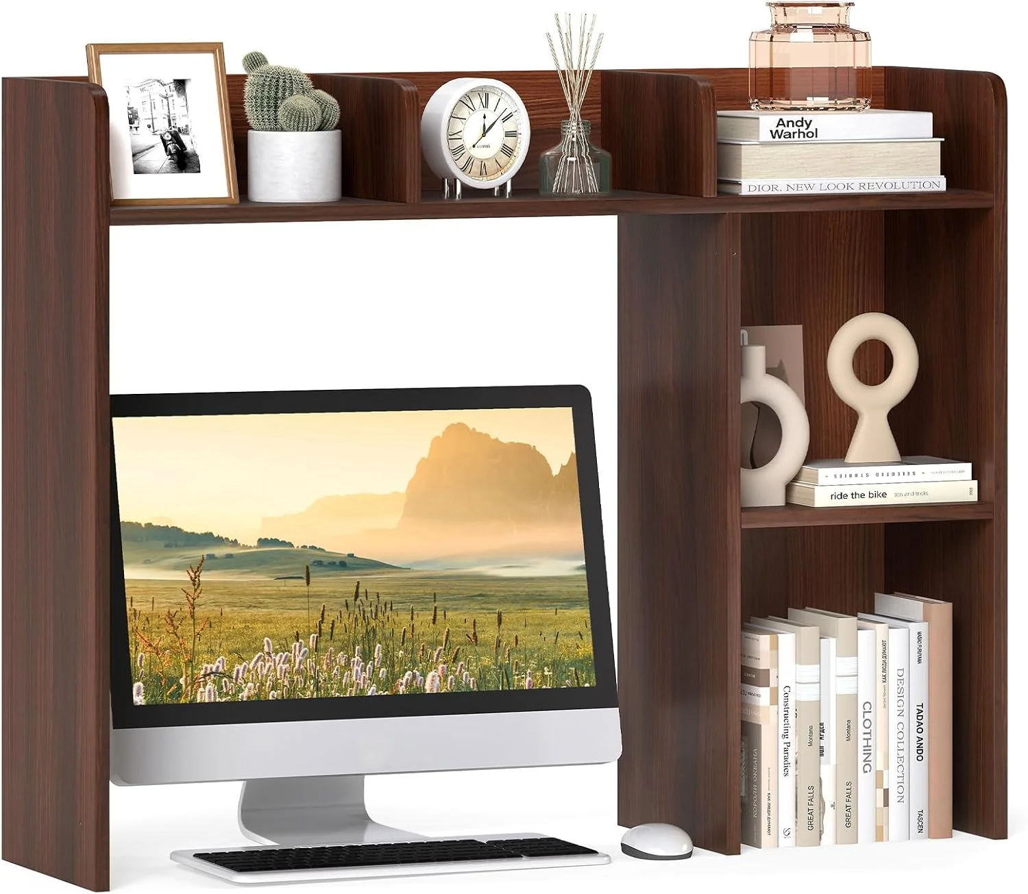 Desktop Bookshelf, 37 Desk Hutch Dorm for Computer Up to 32 Inch, Countertop Hutch w/6 Storage Shelves, 3-Tier Desktop Organizer Display Rack, Wood Desk Shelf for Home Office (Natural) - Image 20