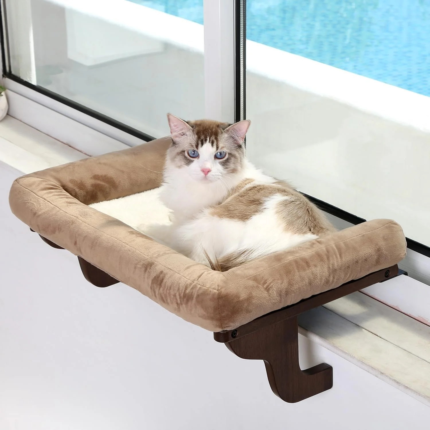 Cat Perch for Windowsill with Bolsters (Natural Wood/Gray, L) - Image 2