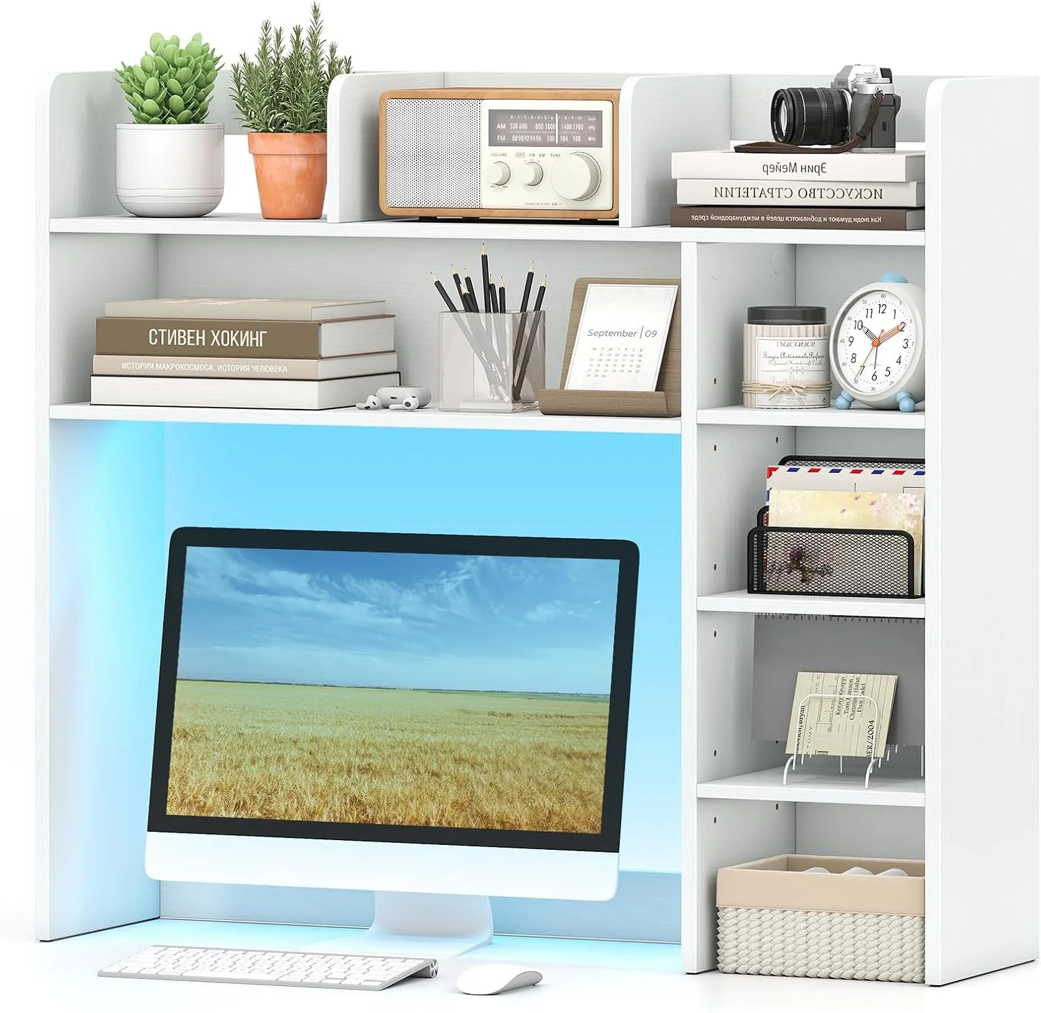 Desktop Bookshelf, Countertop Storage Hutch with 5 Shelves for Computer Desk, 3-Tier Display Rack, Multipurpose Wood Storage Organizer for Dorm Office Home - Image 23