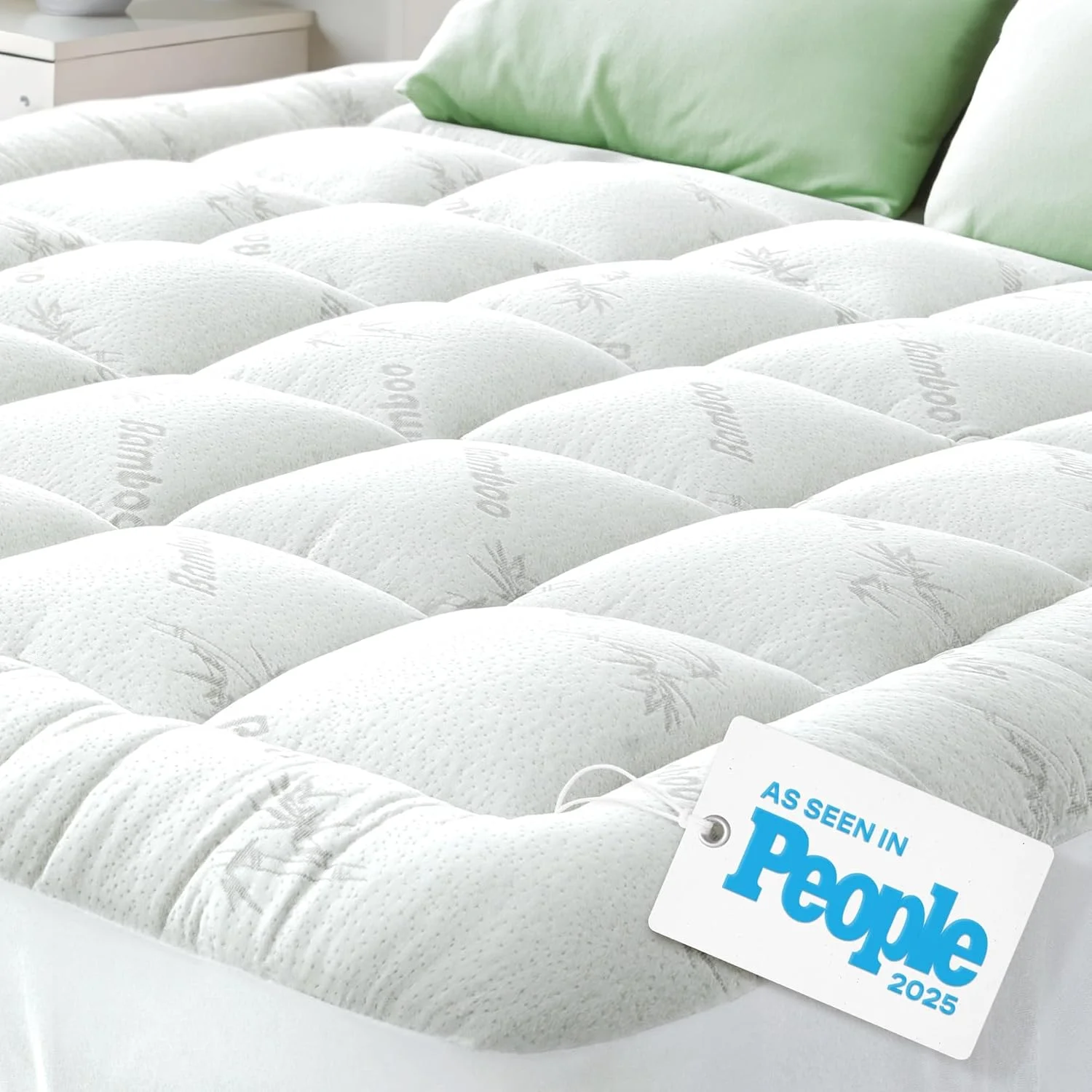 Bamboo Mattress Topper Queen Size - Thick Breathable Pillow Top Mattress Pad for Back Pain Relief - Deep Pocket Topper Fits 8-20 Inches (60x80 Inches, Green) - Image 3