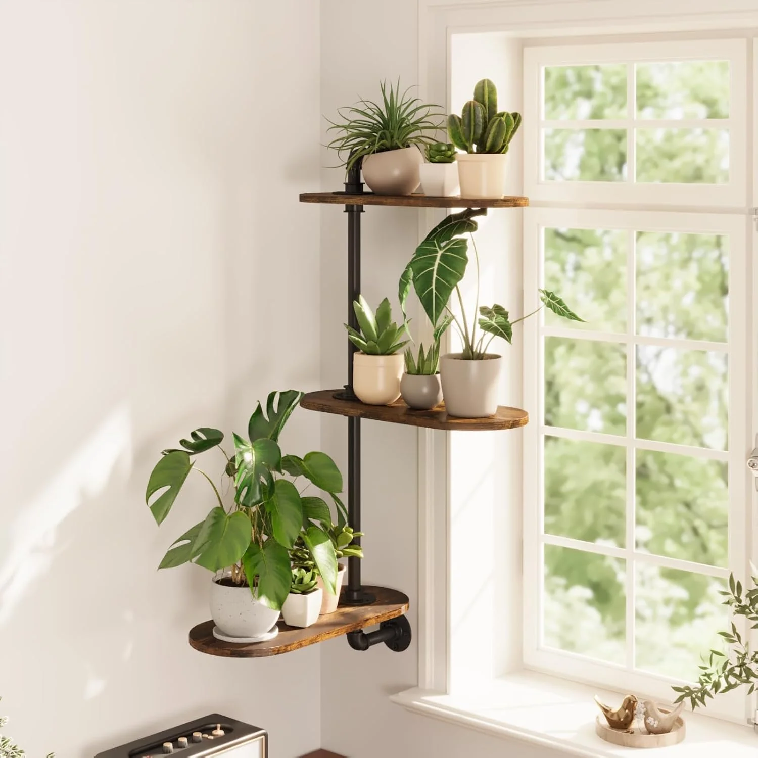 Window Plant Shelves 3-Tier Rotating Plant Stand Industrial Window Plant Shelf Wood - Image 3