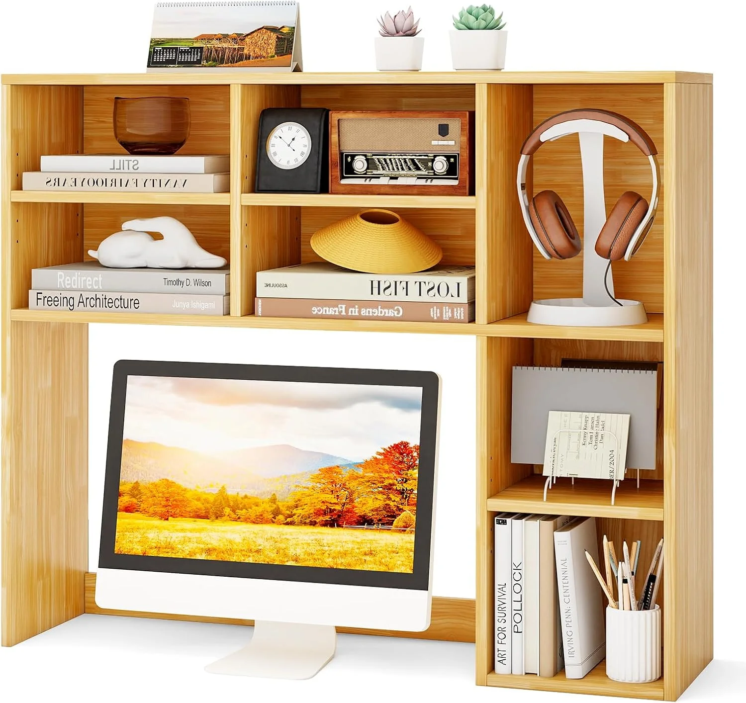 Desktop Bookshelf, Countertop Storage Hutch with 5 Shelves for Computer Desk, 3-Tier Display Rack, Multipurpose Wood Storage Organizer for Dorm Office Home - Image 21