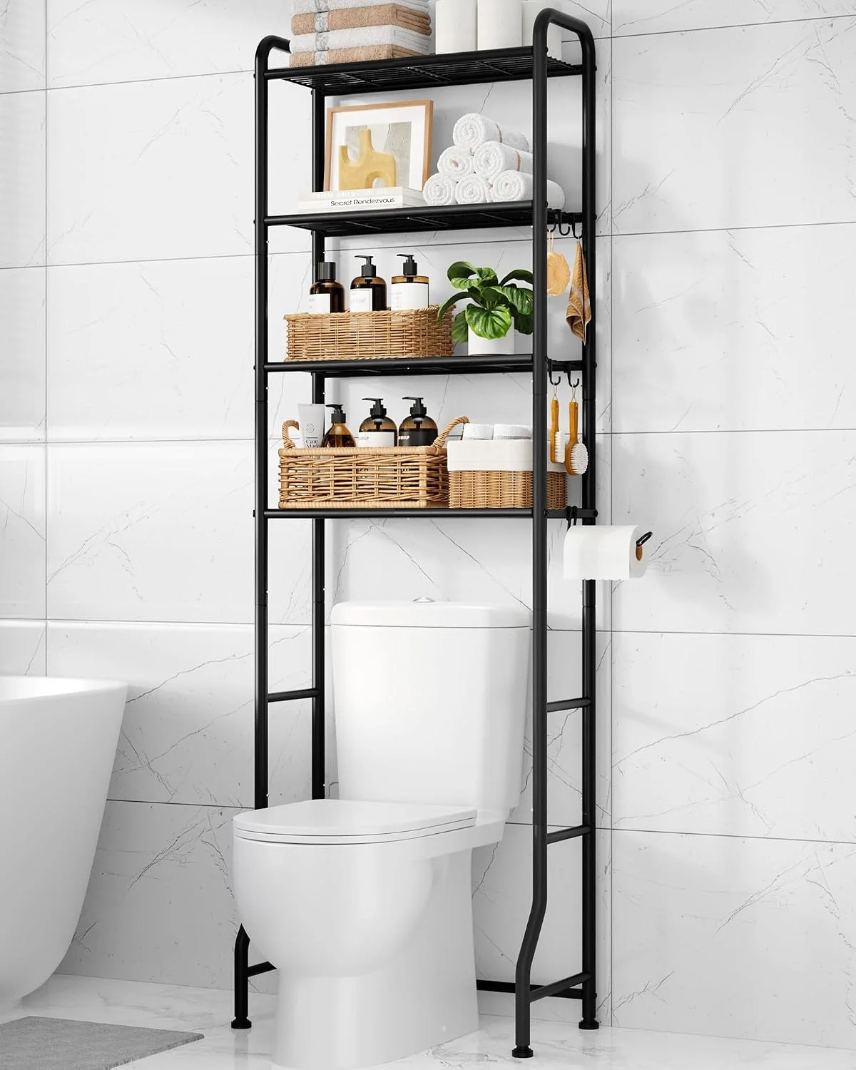 Over Toilet Storage Rack, 63.2 H Space-Saving, Holder & Hooks - Image 5
