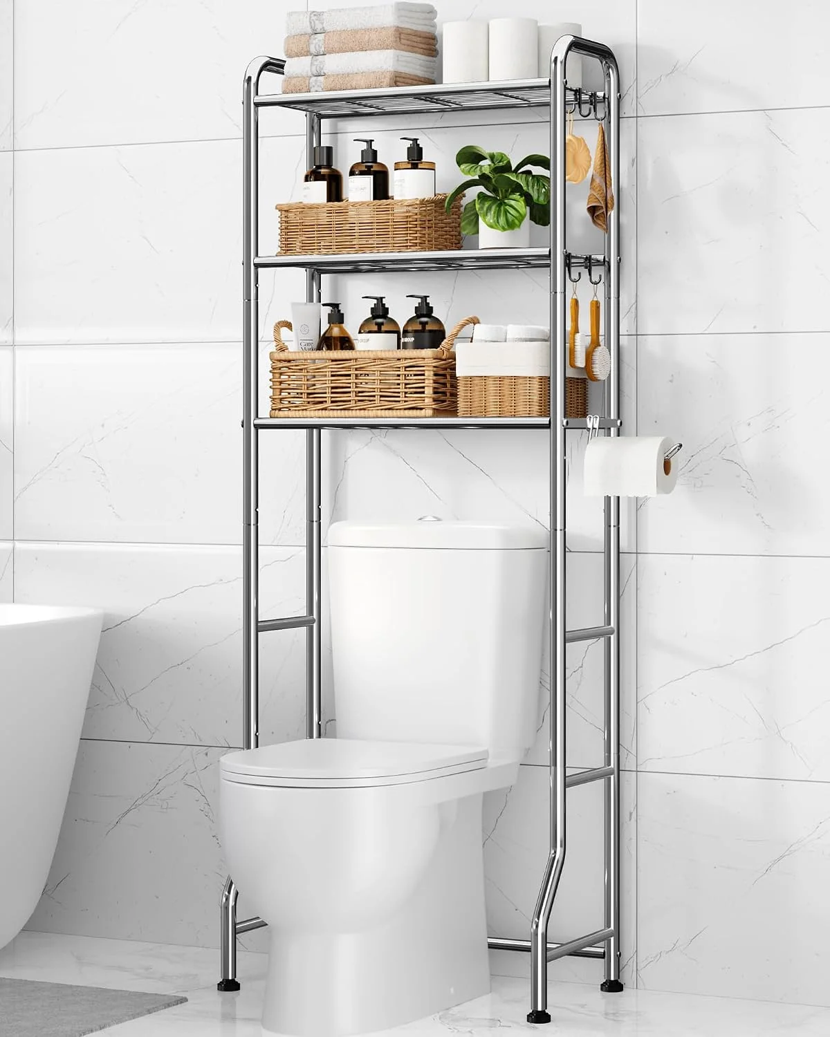 Over Toilet Storage Rack, 63.2 H Space-Saving, Holder & Hooks - Image 6
