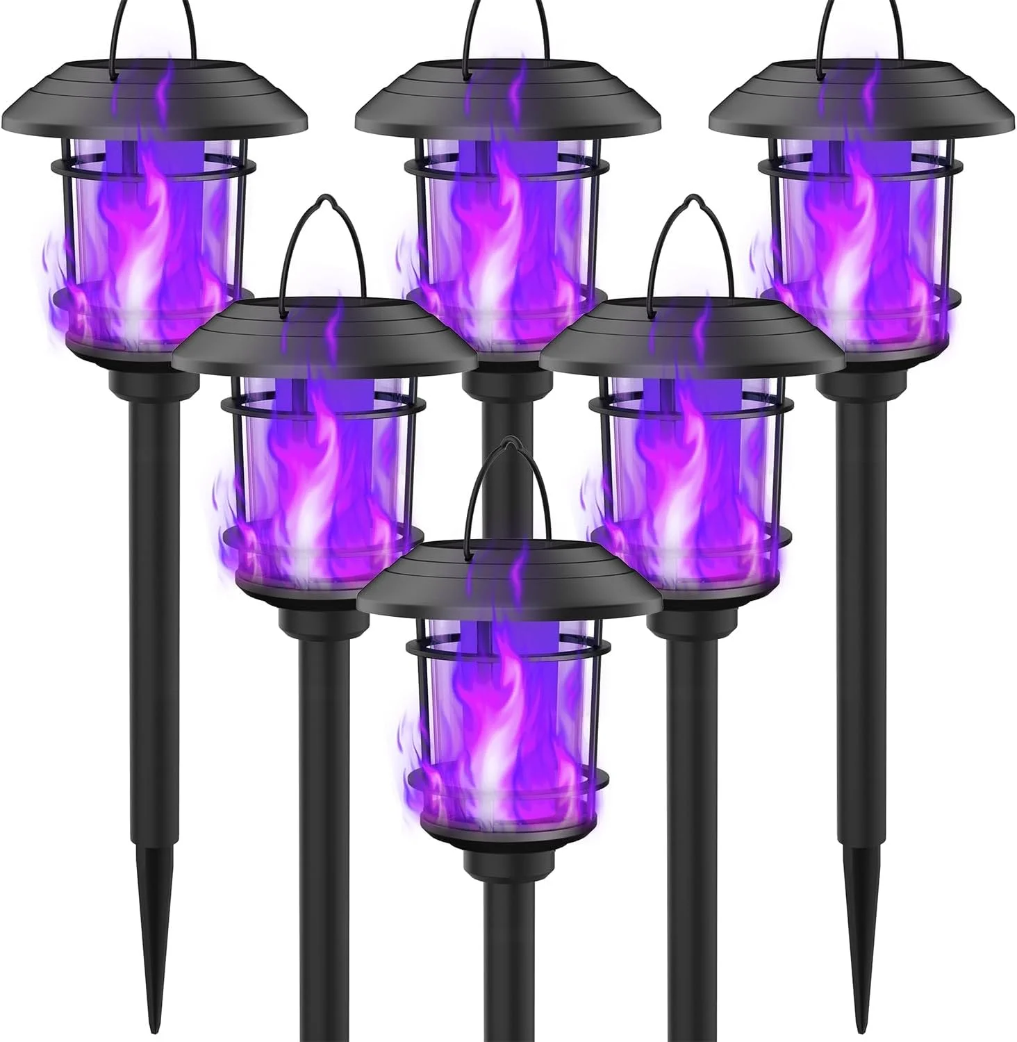 6 Pack Solar Flame Torch Lights Outdoor, Halloween Dual Use Flickering Flame Garden Light, Christmas Hanging Lanterns