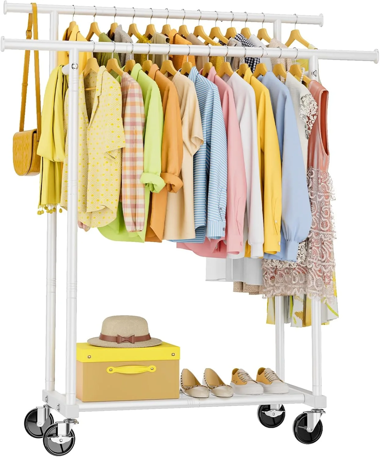 HYSEYY Double Rods Clothing Rack, Rolling Clothes Rack, Metal Garment Rack with 4 Lockable Wheels & Storage Shelf, Sturdy Coat Rack for Bedroom, Laundry, Living Room - 160H x 113W x 42D cm (Black) - Image 3