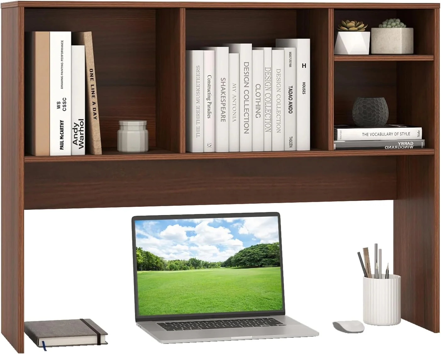 Desktop Bookshelf, 37 Desk Hutch Dorm for Computer Up to 32 Inch, Countertop Hutch w/6 Storage Shelves, 3-Tier Desktop Organizer Display Rack, Wood Desk Shelf for Home Office (Natural) - Image 21