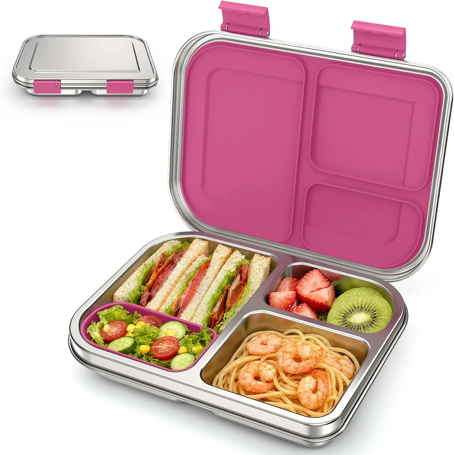 BABHAMNESS Stainless Steel Bento Box Kids, 3 Compartments Leak Proof Metal Bento Lunch Box, 304 Stainless Steel Bento Lunch Containers for School and Office, Dishwasher Safe, BPA-Free-Blue