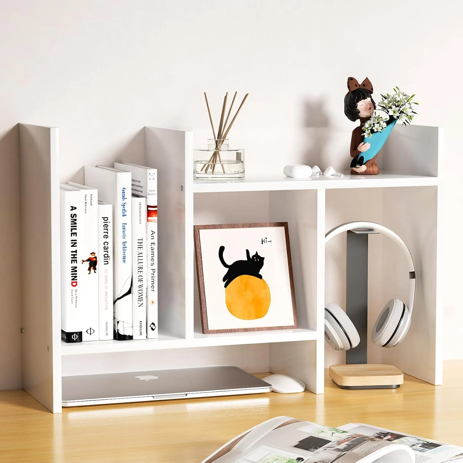 Desk Shelves Wood Desktop Orgnizer Shelf. Office Organization for Top of Desk Organizers and Accessories Bookshelf Shelving, Adjustable Tier H-Shape Mini Bookcase(White)