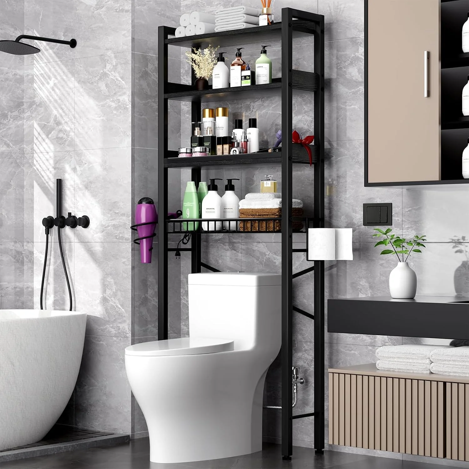 Over-The-Toilet Storage Rack, 4-Tier Bathroom Organizer Shelf Over Toilet with Adjustable Shelf and Basket, Freestanding Space Saver Bathroom Shelves Above Toilet for Room (Black) - Image 4