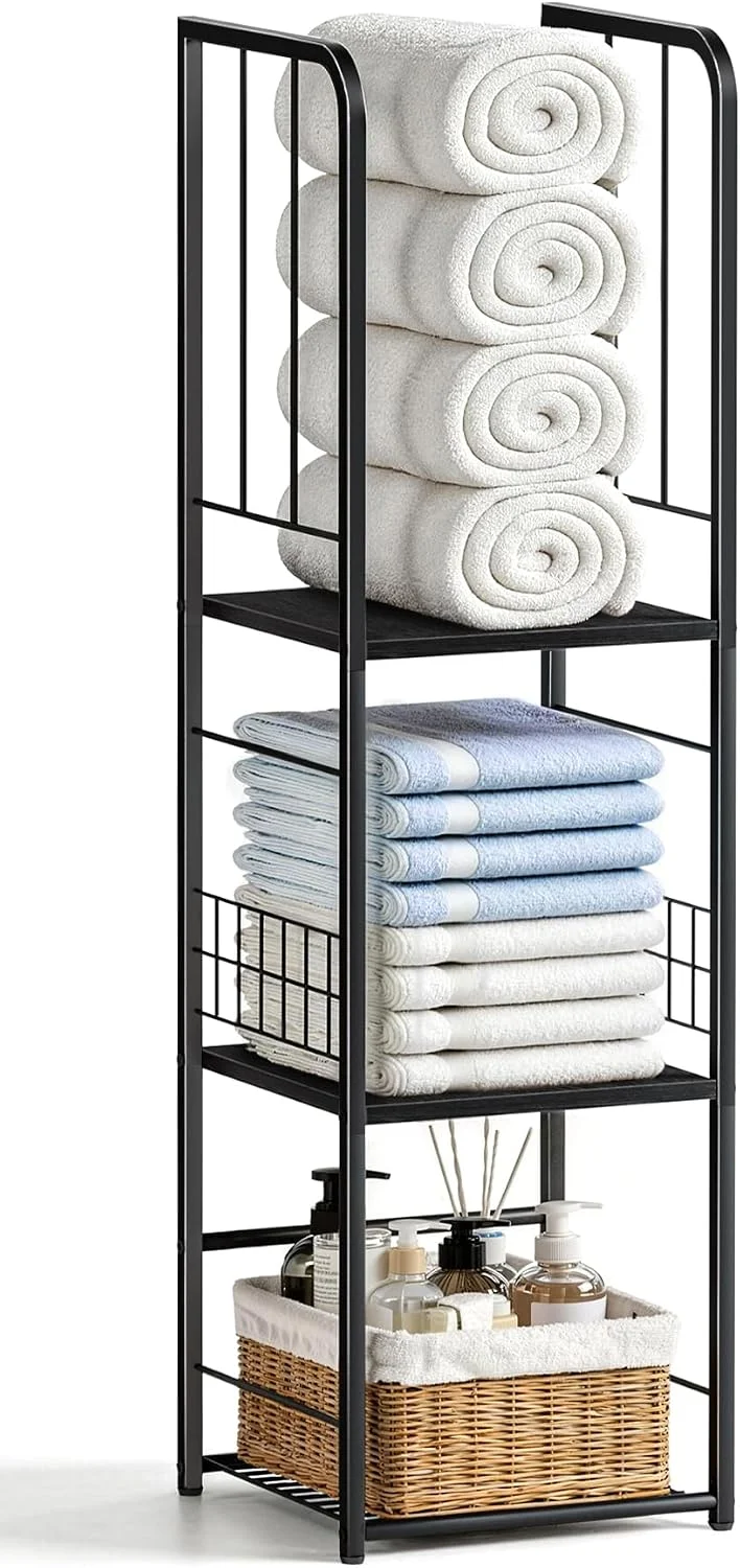 Narrow Towel Storage for Bathroom, 3-Tier Free Standing Bathroom Towel Rack Organizer with Shelf for Small Bath, Pool, Brown