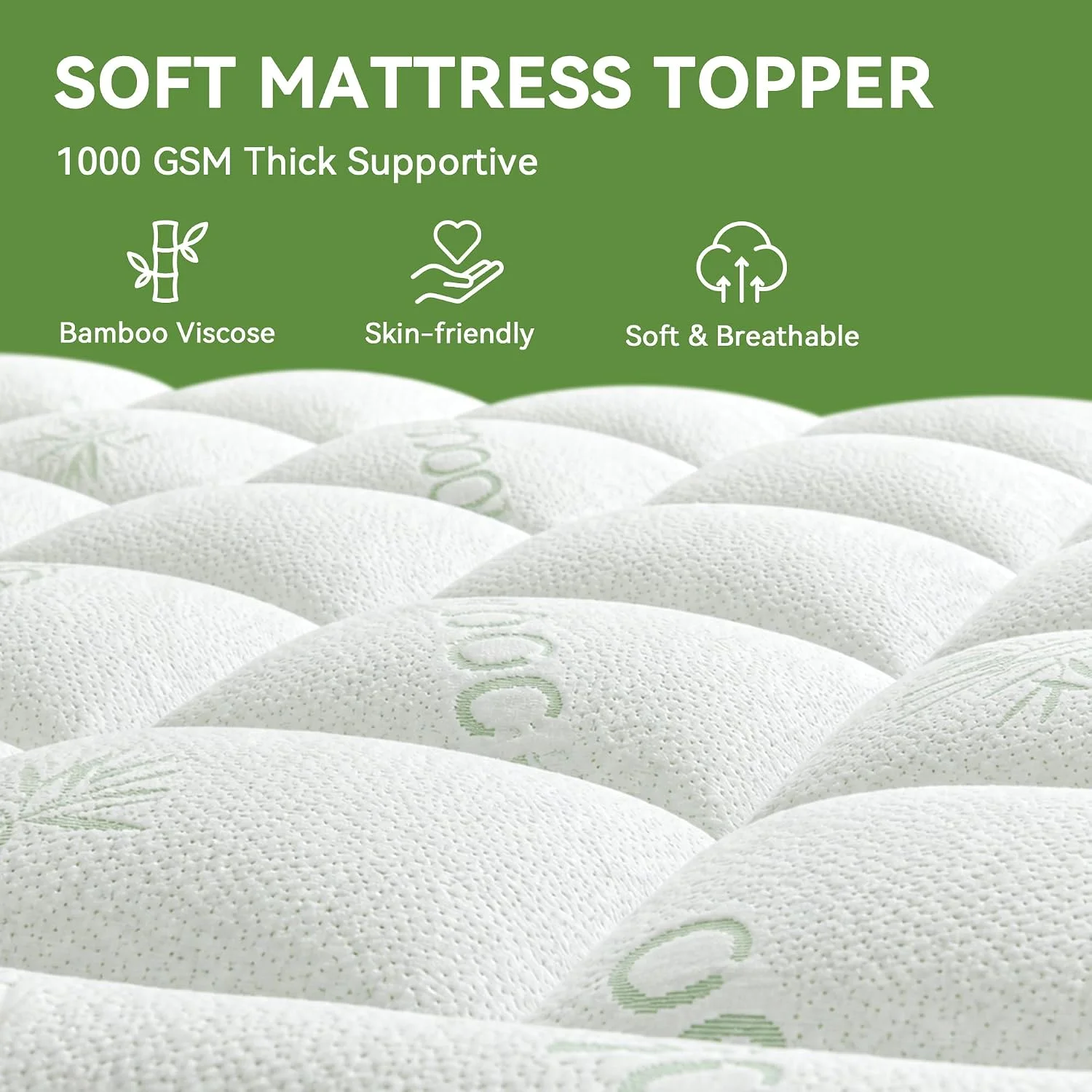 ORCALIC Twin XL Mattress Topper Viscose Derived from Bamboo for Back Pain Relief,1000 GSM Thick Pillow Top Mattress Pad,Deep Pocket Fits Mattress 8-21,Soft Breathable Mattress Cover Green - Image 2