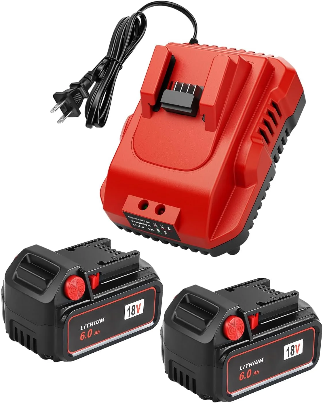 2-Pack 18V 6.0Ah Replacement for Milwaukee M-18 Battery and 1 Charger (red)