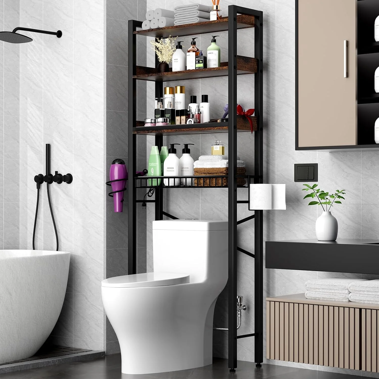 Over-The-Toilet Storage Rack, 4-Tier Bathroom Organizer Shelf Over Toilet with Adjustable Shelf and Basket, Freestanding Space Saver Bathroom Shelves Above Toilet for Room (Black) - Image 2
