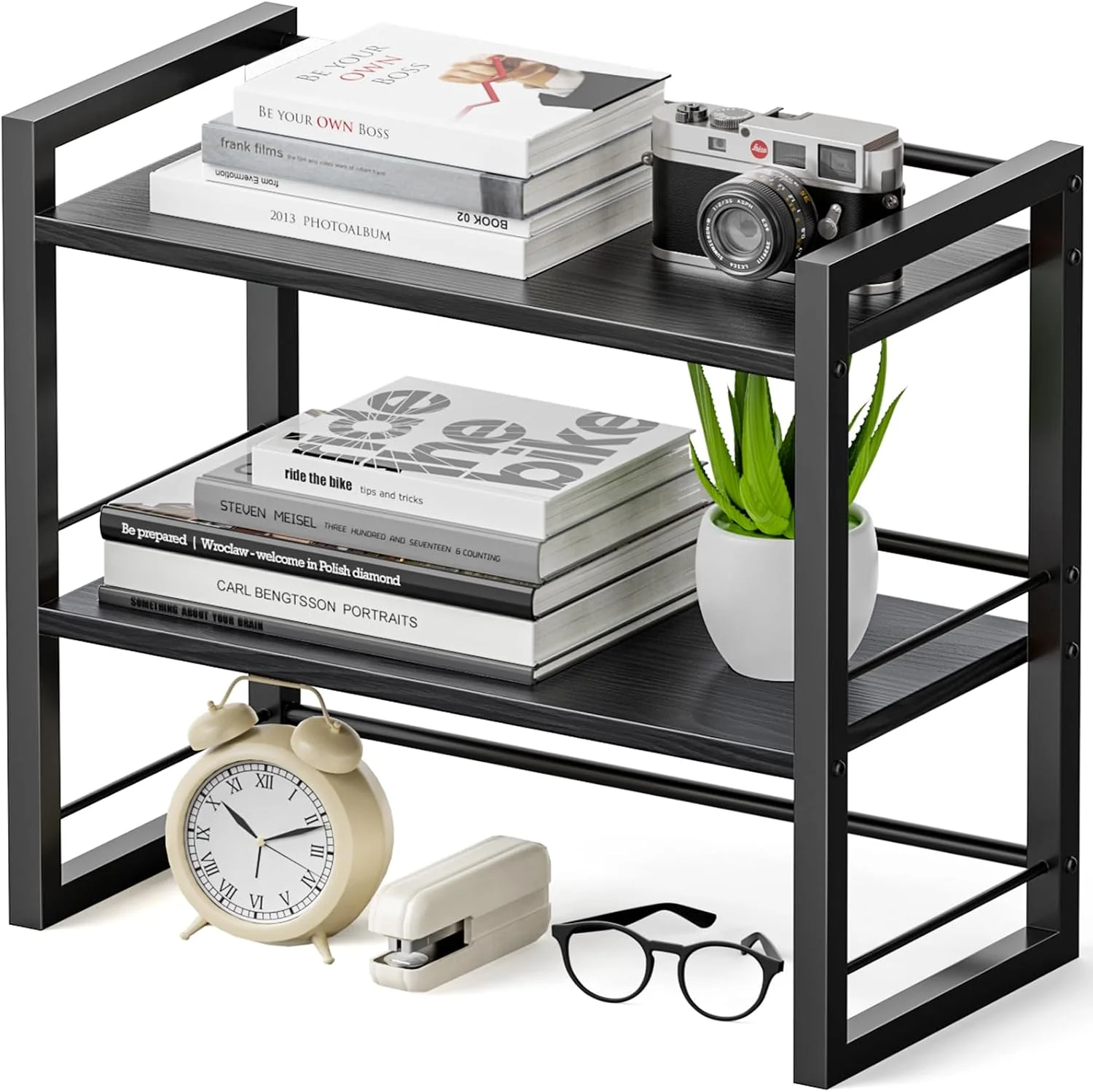 Office Desk Shelf Organizer, Wood Desktop Bookshelf Supplies Storage Rack, Shelf for Top of Desk and Dresser (Black-2 Tier) - Image 2
