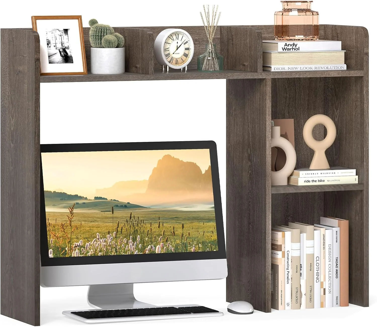 Desktop Bookshelf, 37 Desk Hutch Dorm for Computer Up to 32 Inch, Countertop Hutch w/6 Storage Shelves, 3-Tier Desktop Organizer Display Rack, Wood Desk Shelf for Home Office (Natural) - Image 8