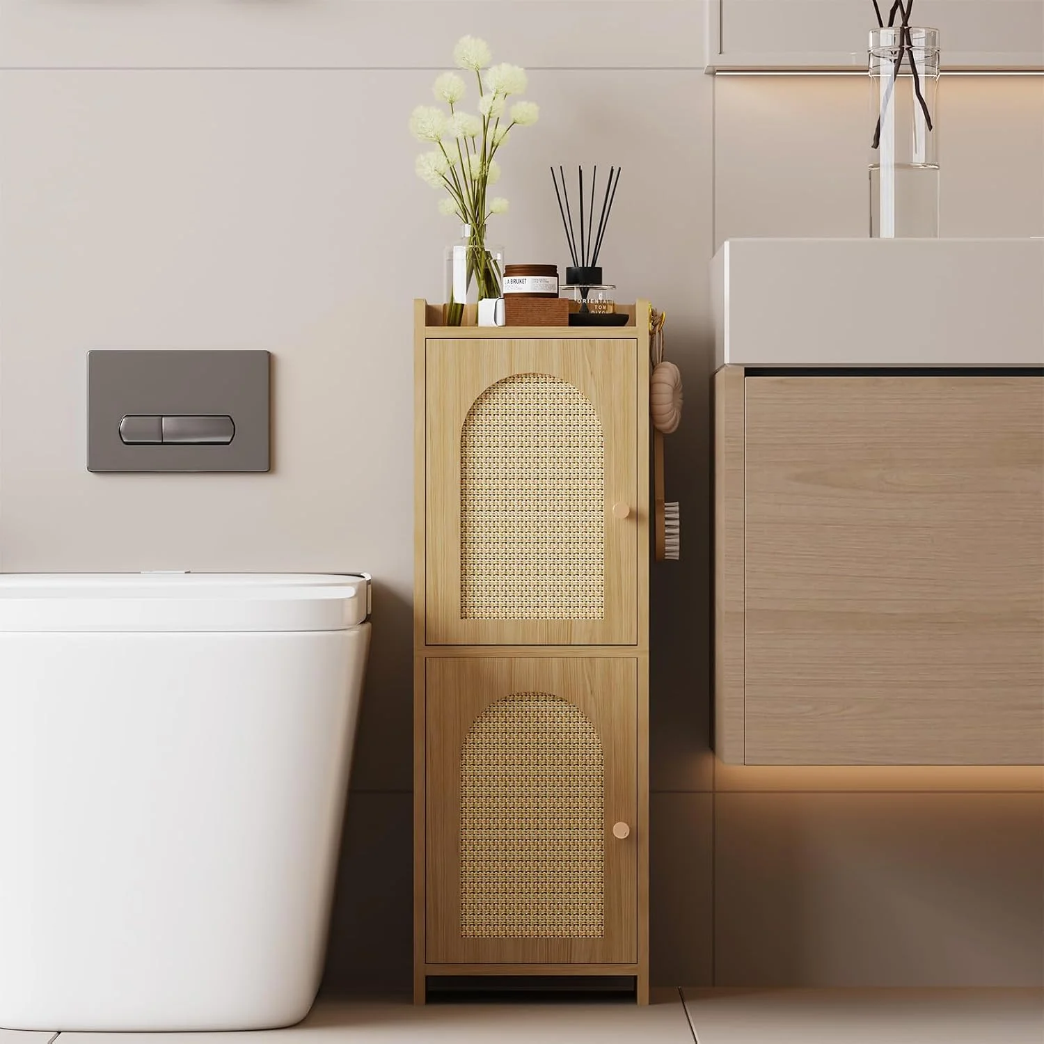Rattan Bathroom Storage Cabinet with 2 Doors and Adjustable Shelf - Image 4