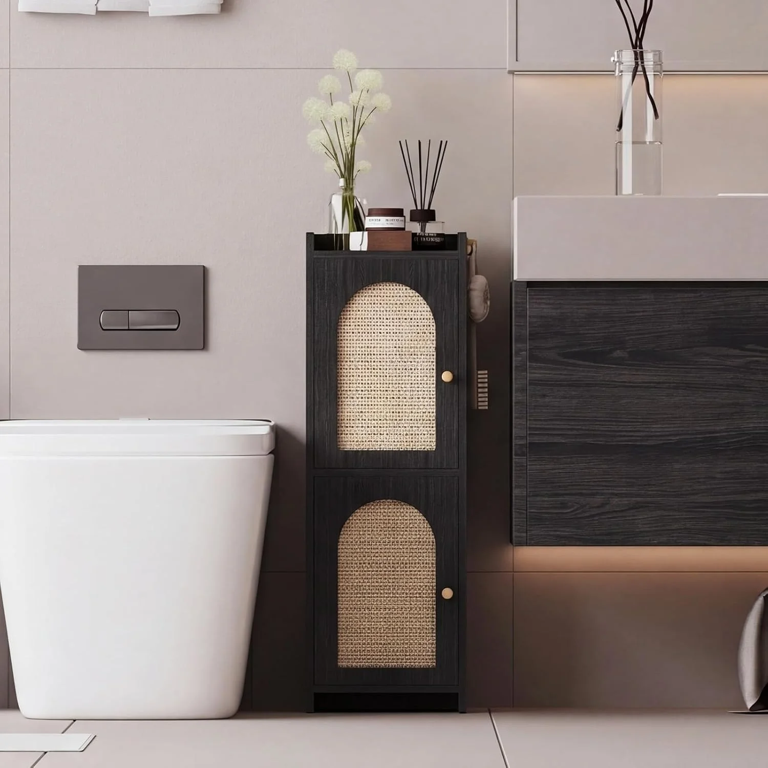 Rattan Bathroom Storage Cabinet with 2 Doors and Adjustable Shelf - Image 3