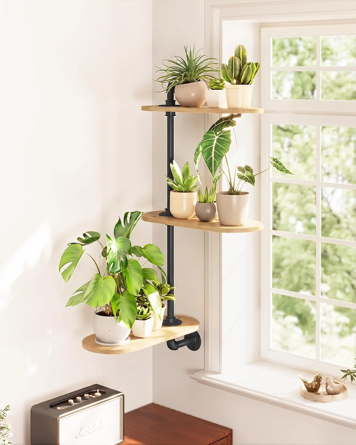 Window Plant Shelves 3-Tier Rotating Plant Stand Industrial Window Plant Shelf Wood - Image 2