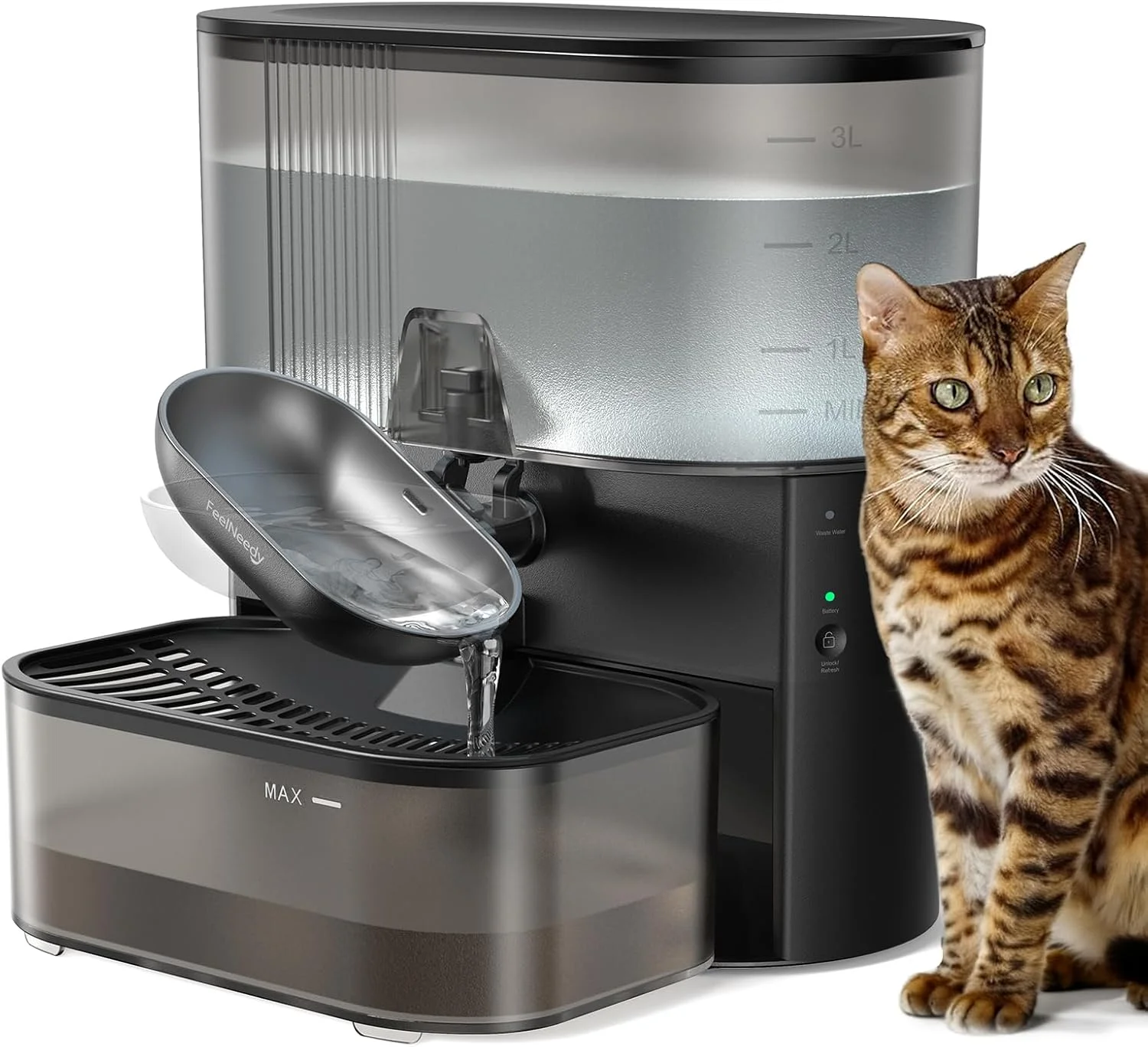 Cat Water Fountain – Wastewater Separation,Filter-Free,Stainless Steel Bowl,FEELNEEDY Wireless Water Fountain Indoor Cat,Fontaine Pour Chat,Cordless Rechargeable Battery Operated,Black