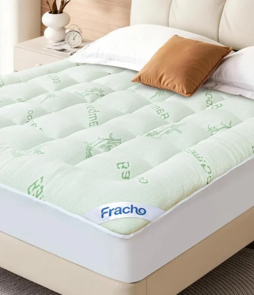 Fracho Ultra Soft Mattress Topper Queen Size - Cooling Mattress Topper with Rayon Made from Bamboo Cover - 1000GSM Plush Pillow Top Bed Pad, Naturally Breathable & Supportive for Hot Sleepers, Green