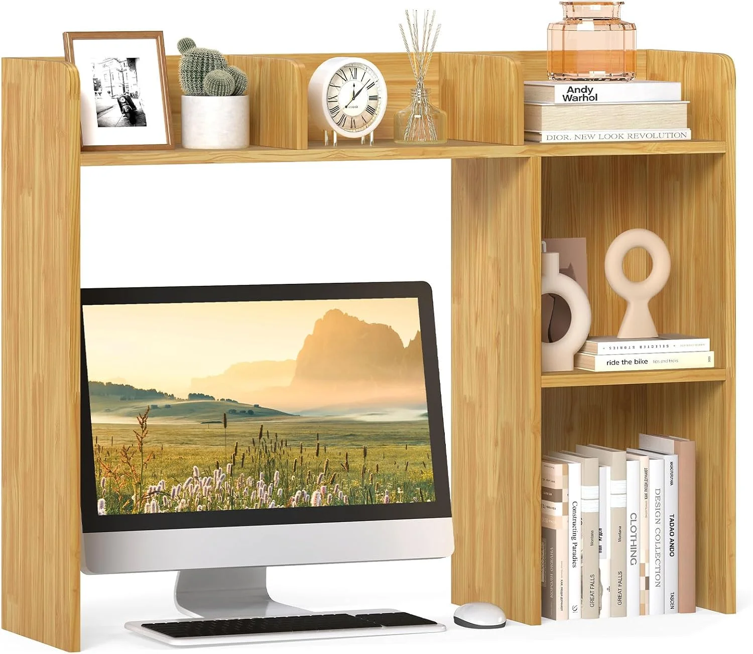 Desktop Bookshelf, 37 Desk Hutch Dorm for Computer Up to 32 Inch, Countertop Hutch w/6 Storage Shelves, 3-Tier Desktop Organizer Display Rack, Wood Desk Shelf for Home Office (Natural) - Image 5