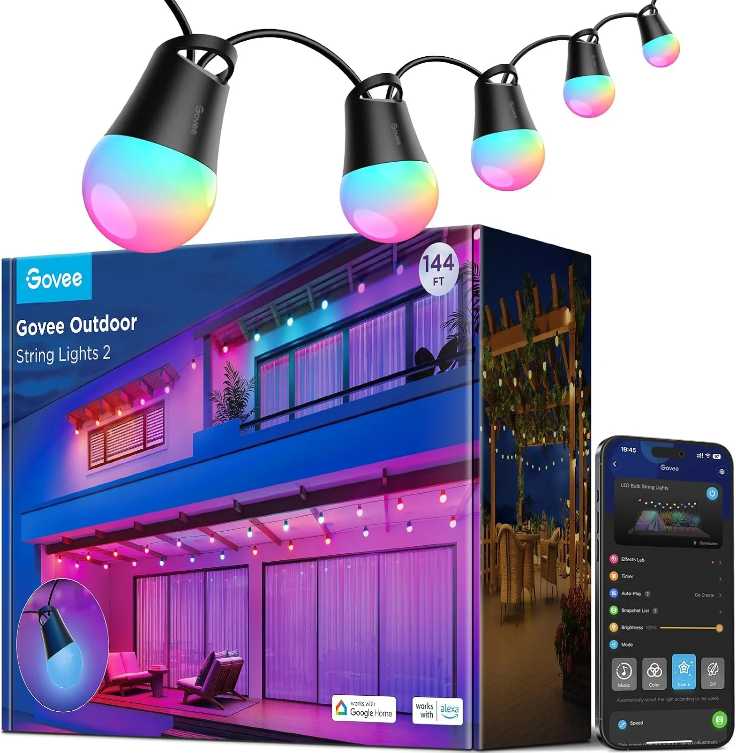 Smart Outdoor String Lights 2, 144ft RGBIC Patio Lights with 45 Bulbs - Image 2
