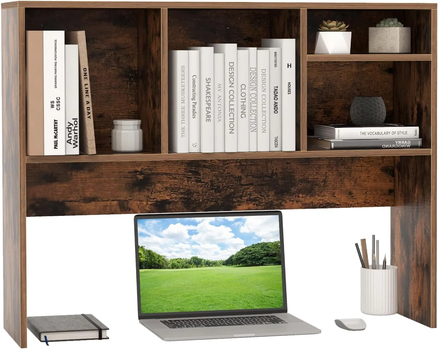 Desktop Bookshelf, 37 Desk Hutch Dorm for Computer Up to 32 Inch, Countertop Hutch w/6 Storage Shelves, 3-Tier Desktop Organizer Display Rack, Wood Desk Shelf for Home Office (Natural) - Image 24