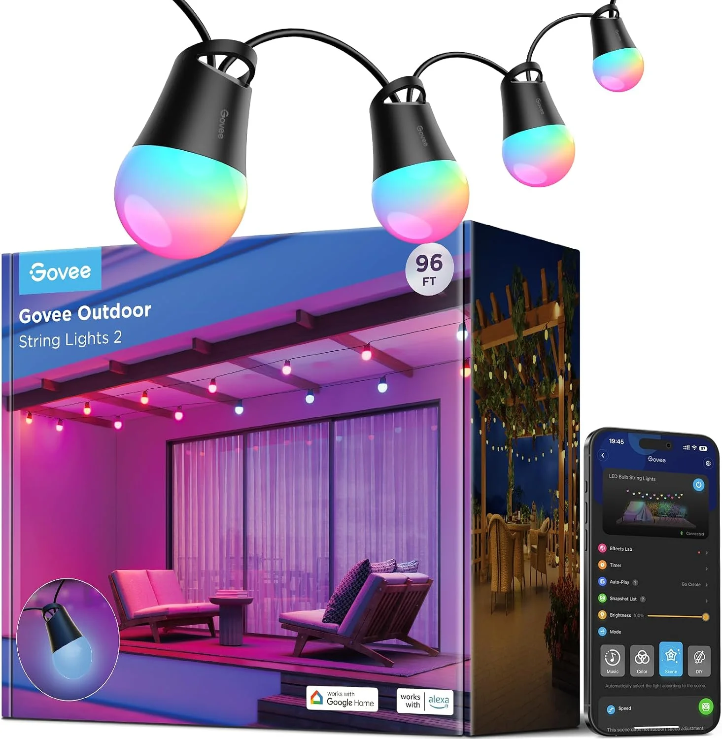 Smart Outdoor String Lights 2, 144ft RGBIC Patio Lights with 45 Bulbs