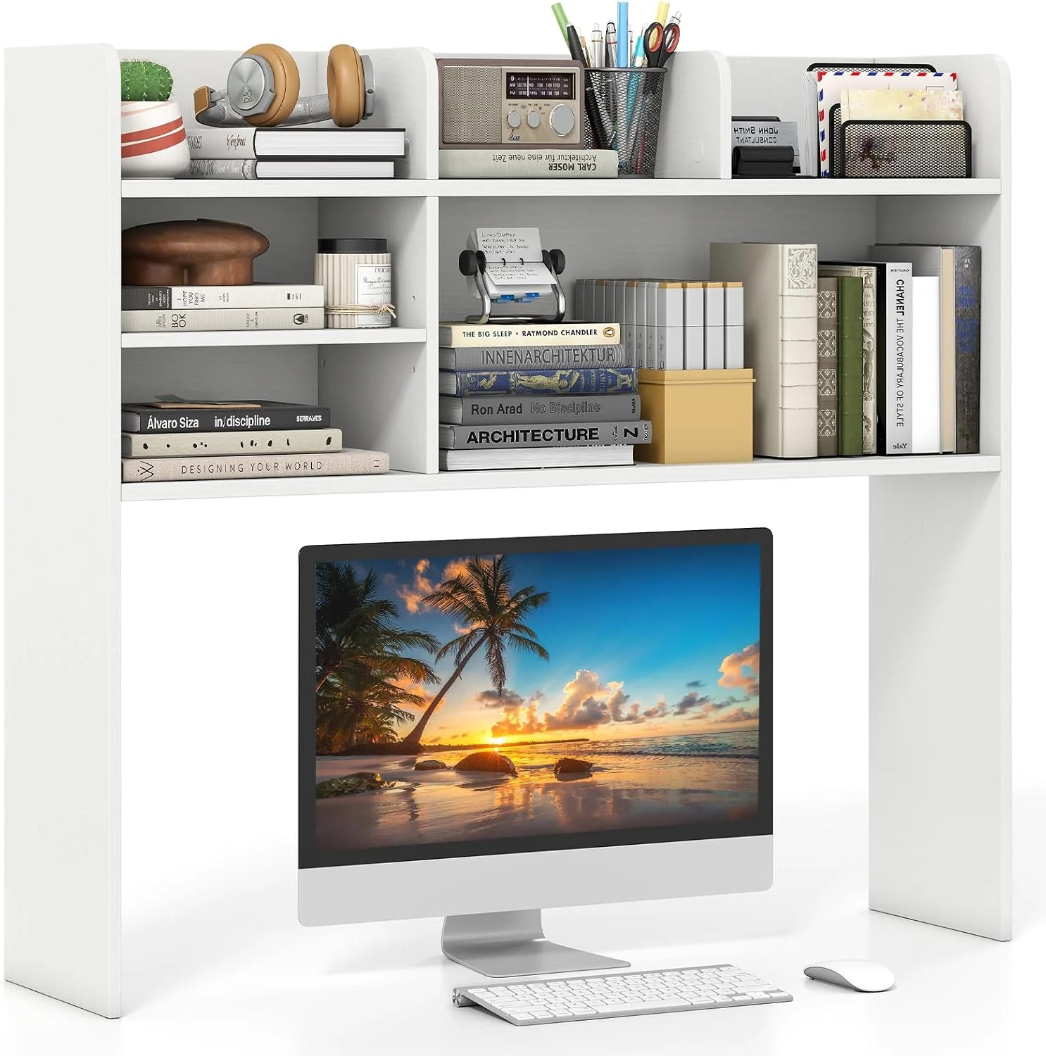 Desktop Bookshelf, 37 Desk Hutch Dorm for Computer Up to 32 Inch, Countertop Hutch w/6 Storage Shelves, 3-Tier Desktop Organizer Display Rack, Wood Desk Shelf for Home Office (Natural) - Image 9