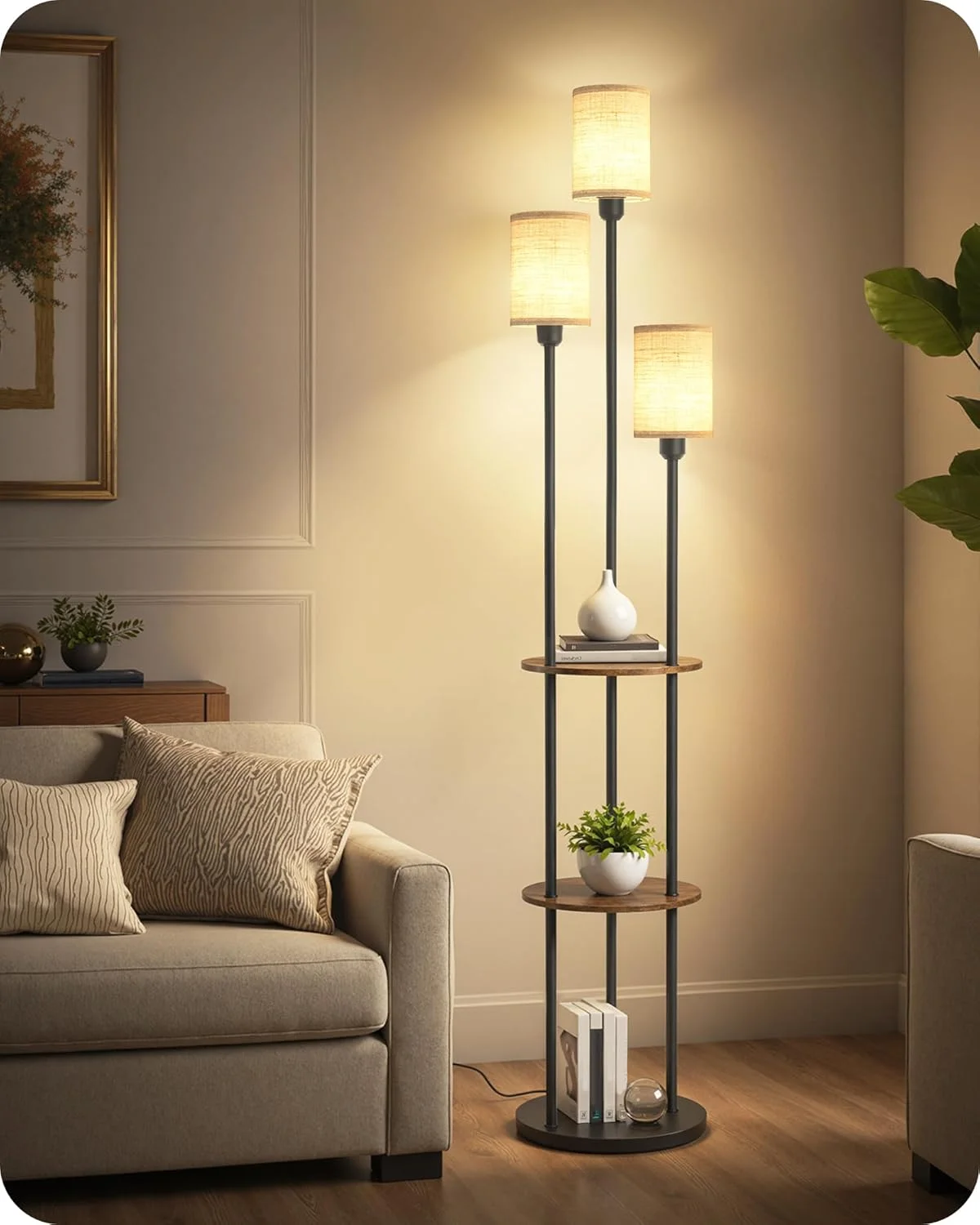 70.9 Floor Lamp with Shelves, Modern Floor Lamp with 3 Linen Shades and Foot Switch, 3-Light Standing Lamp, for Living Room, Bedroom, Study, Office - Image 4