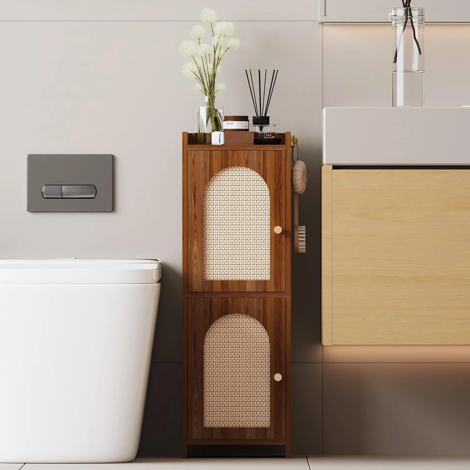 Rattan Bathroom Storage Cabinet with 2 Doors and Adjustable Shelf - Image 5