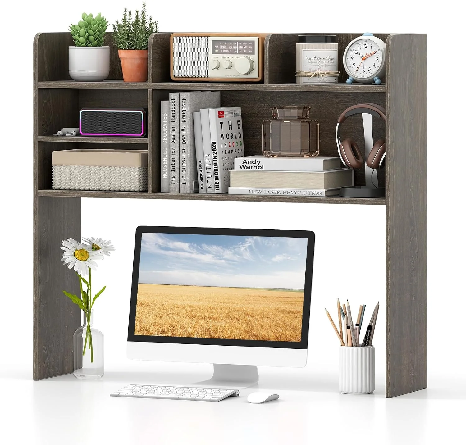 Desktop Bookshelf, Countertop Storage Hutch with 5 Shelves for Computer Desk, 3-Tier Display Rack, Multipurpose Wood Storage Organizer for Dorm Office Home - Image 2
