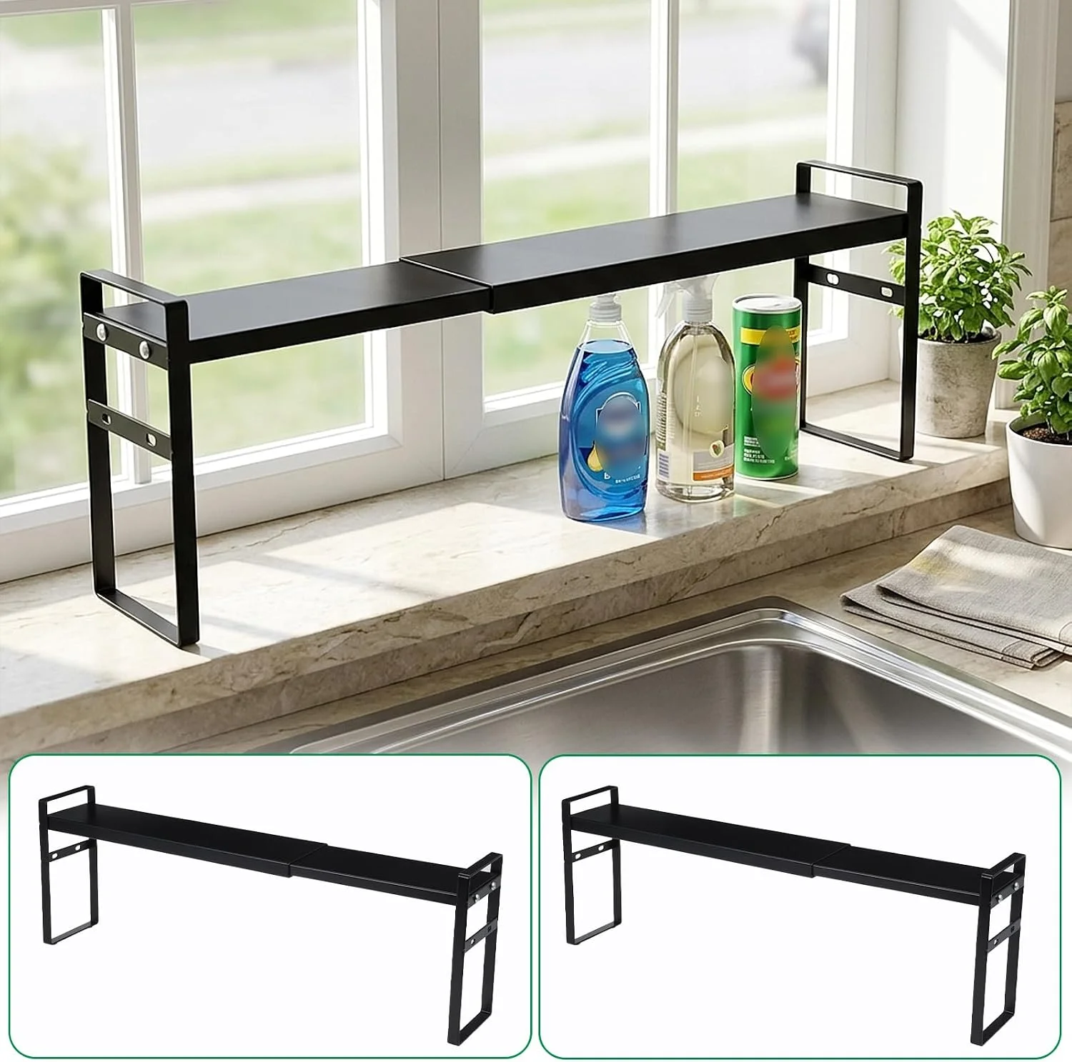 Pack Black Expandable Cabinet Shelf Organizer 13.7-23.6 L Stackable Black Small Narrow Tall Shelf for Windowsill Kitchen Organizer Window Sill Plant Shelf Stackable Shelves Bathroom, Sill Thin - Image 2