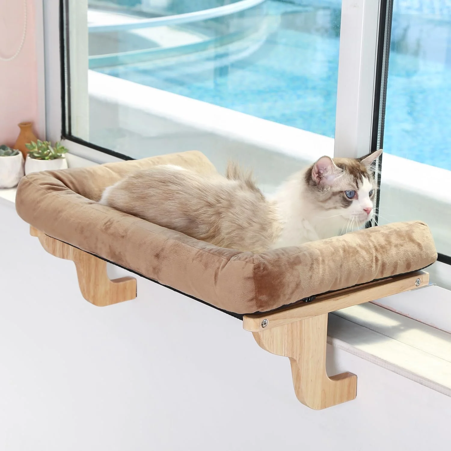 Cat Perch for Windowsill with Bolsters (Natural Wood/Gray, L) - Image 3