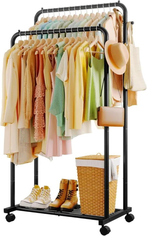 Alternative view of Sakugi Double-Rod Metal Clothing Rack with Wheels, 73 x 42 x 150 cm, Black