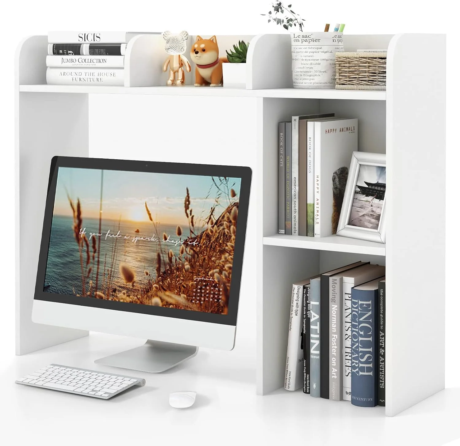 Desktop Bookshelf, Countertop Storage Hutch with 5 Shelves for Computer Desk, 3-Tier Display Rack, Multipurpose Wood Storage Organizer for Dorm Office Home - Image 20