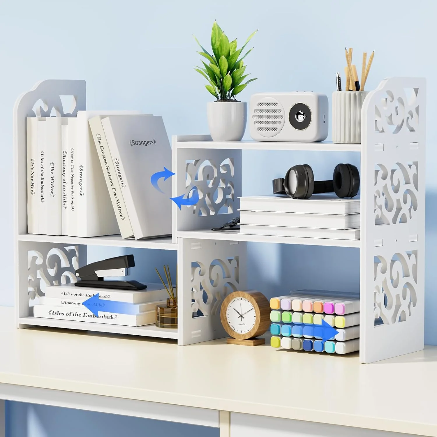 Adjustable Desktop Shelf Organizer, 3-Tier Desk Shelf, White Pattern - Image 3
